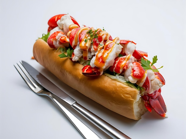 Photo a hot dog with a salad on it and a knife on a table