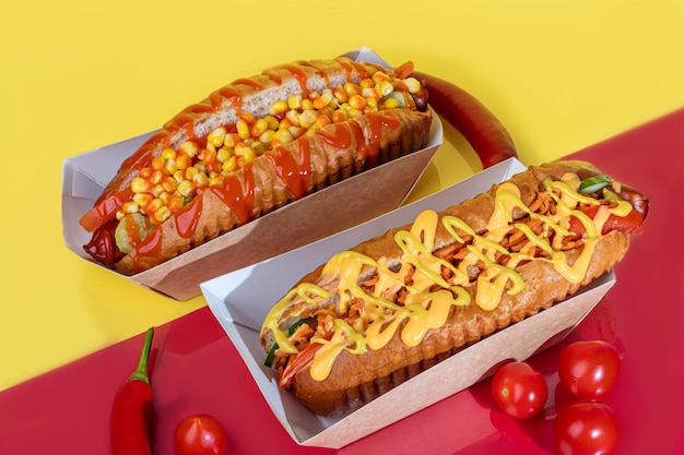 Hot dog with sausage in a paper box with tomatoes and corn chili peppers cucumber and lettuce On a red background Fast food