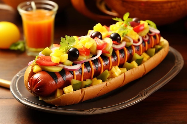 Photo hot dog with a side of fresh fruit salad