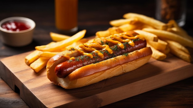 A hot dog with a side of fries on a wooden board.