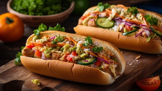 A hot dog with a side of vegetables on a cutting board