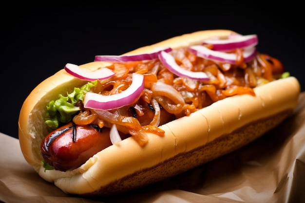 Photo hot dog with smoky chipotle sauce and onions