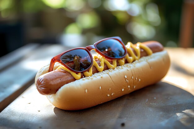 Photo a hot dog with sunglasses and sunglasses on it