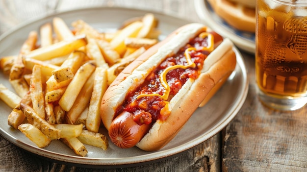 Hot dog with tomato sauce and fries served iced tea