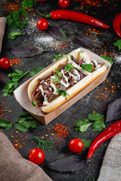 Hot dog with vegetables stuffing with chicken beef and herbs on a dark stone table The concept of fast food and delivery restaurants