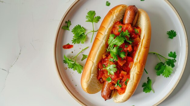 Photo hot dog with vibrant salsa and cilantro garnish on plate