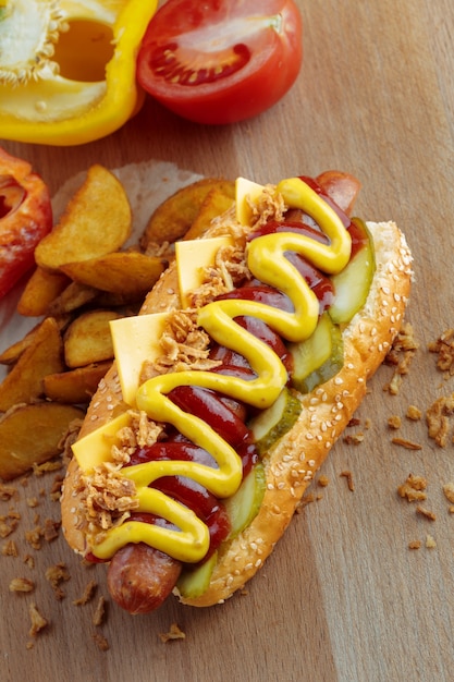 Hot dog with yellow mustard and ketchup on wooden board