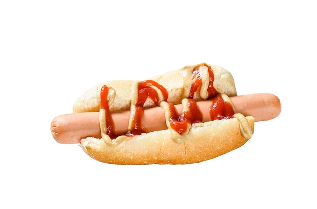 Hot Dog with Yellow Mustard and red ketchup Isolated on white background Top view