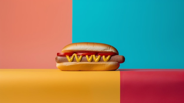 a hot dog with a yellow webpage on it sits on a colorful table