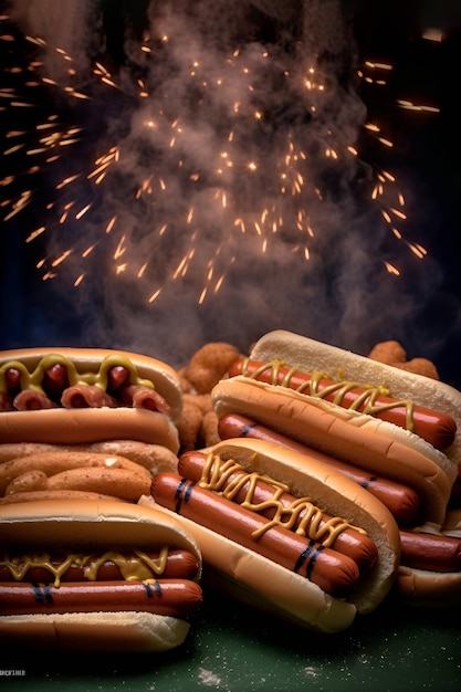 Hot dogs on the background of fireworks Labor Day