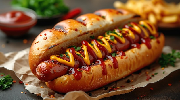 Hot dogs with a sausage on a fresh rolls garnished with mustard and ketchup