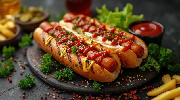 Hot dogs with a sausage on a fresh rolls garnished with mustard and ketchup