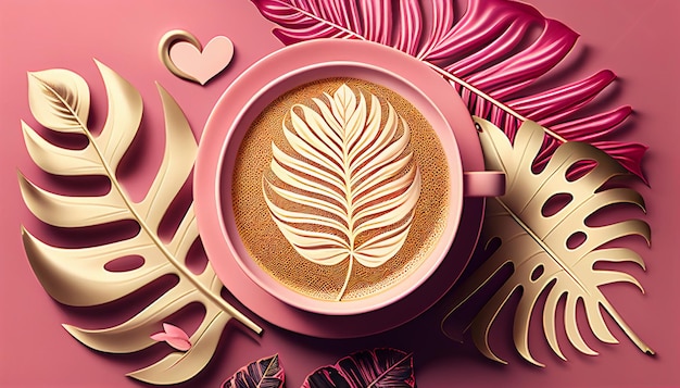 Hot drink illustration delicious beautiful cappuccino coffee with art in a cup with flowers Generative AI