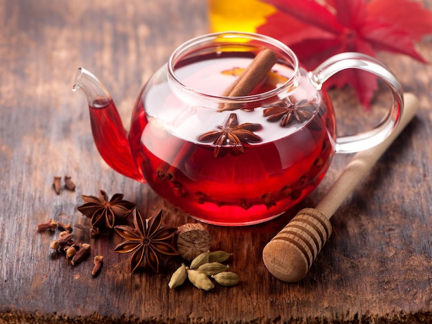 Hot drink mulled wine with spices and honey