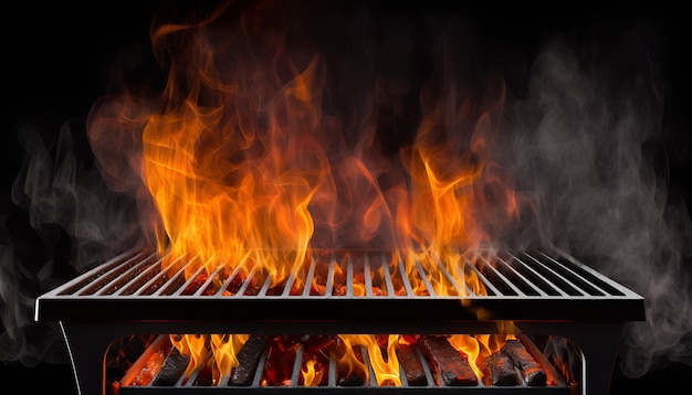 Hot empty portable barbecue BBQ grill with flaming fire and ember charcoal on black background.