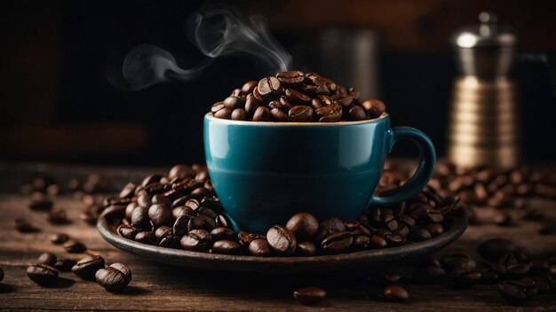 Hot espresso in red coffee mug with coffee beans on concrete