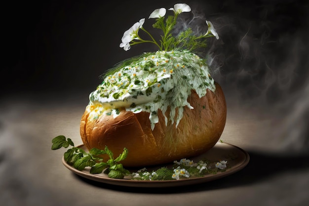 Hot fragrant baked potatoes in foil with fresh herbs and white flowers on dark background