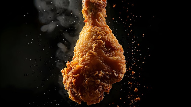 Photo hot fried chicken drumstick with smoke on black