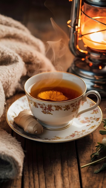 Hot ginger tea on table