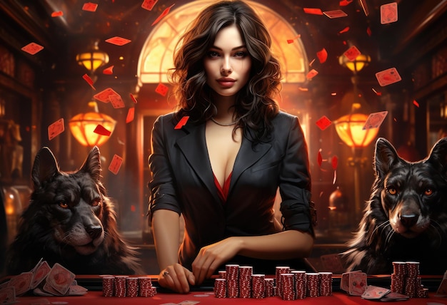 Hot girl at the table playing poker in a fantasy casino