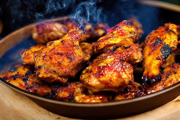 Hot grilled chicken legs and wings in bowl