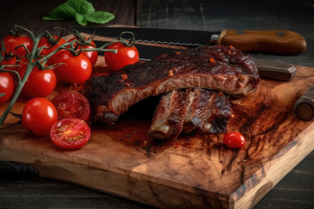 Hot grilled spare ribs with barbecue sauce on cutting board and black background AI generative