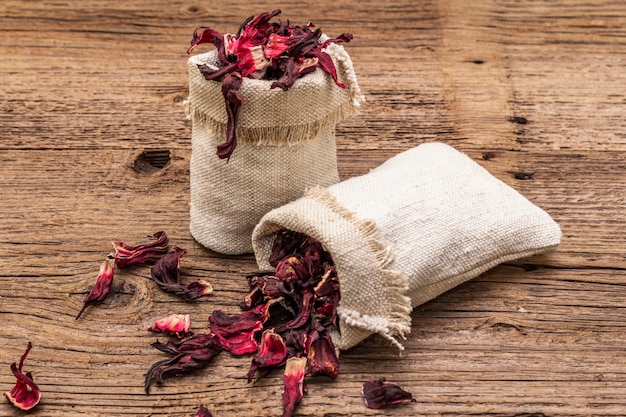 Hot hibiscus tea with dry petals