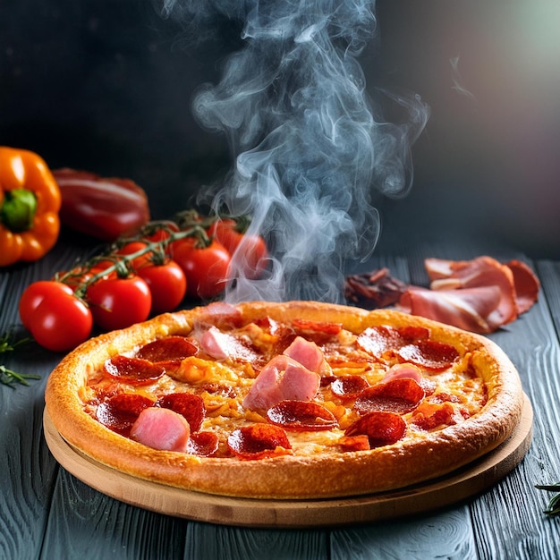 Hot large pepperoni pizza delicious pizza composition with melting cheese bacon tomatoes ham and peppers