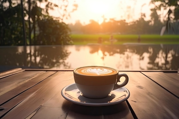 Hot latte art coffee on wood table relax time Made by AIArtificial intelligence