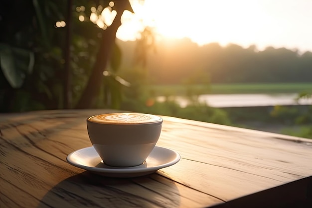 Hot latte art coffee on wood table relax time Made by AIArtificial intelligence