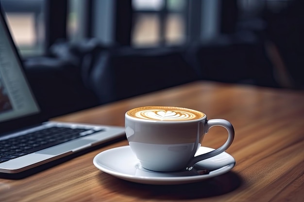 Hot latte art coffee on wood table relax time Made by AIArtificial intelligence