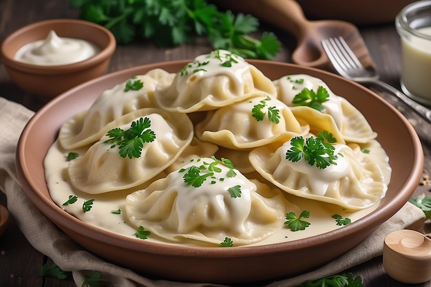 Photo hot pierogi flying out of clay bowl with cream and parsley