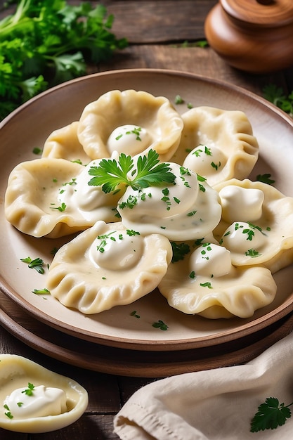 Photo hot pierogi flying out of clay bowl with cream and parsley