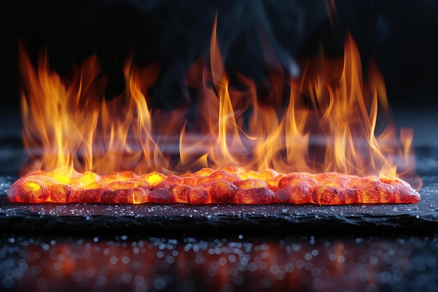 Photo a hot pizza is on a black background with flames and a black background