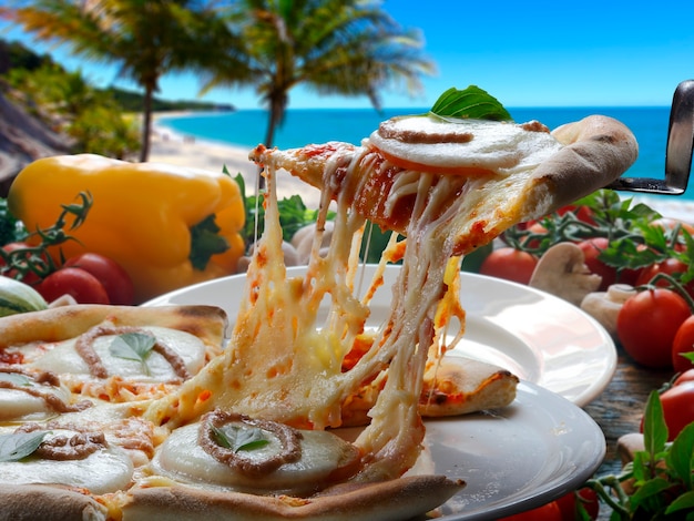 Hot pizza slice with melting cheese with wood oven in background.