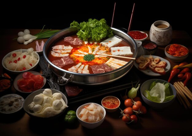 A hot pot meal with a variety of dipping sauces