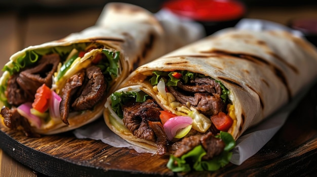 A hot and readytoeat wrap roll with fresh grilled donner or shawarma beef presented on a wide banner with a copy space area This stock photo is perfect for designing projects