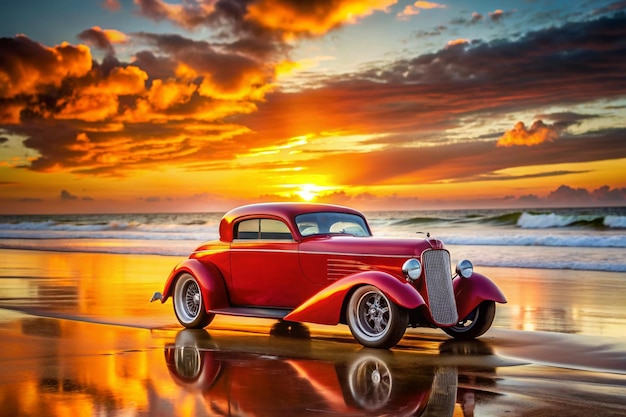 A hot rod car parked on a beach at sunset The style is reminiscent of classic car photography