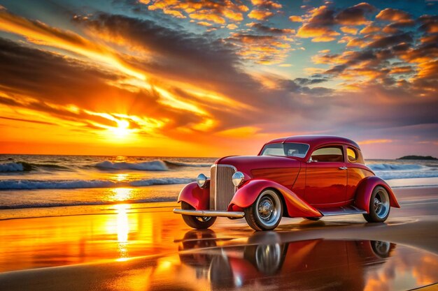 A hot rod car parked on a beach at sunset The style is reminiscent of classic car photography