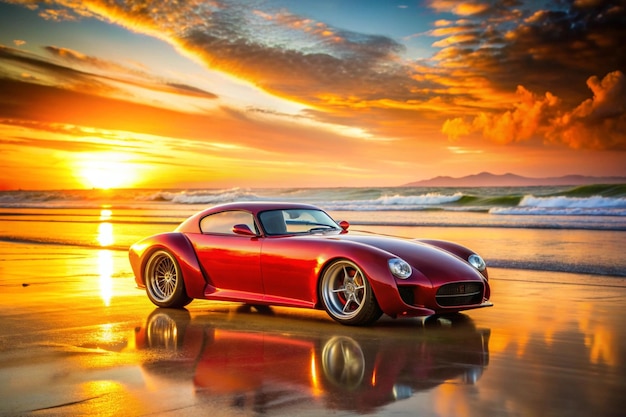 A hot rod car parked on a beach at sunset The style is reminiscent of classic car photography