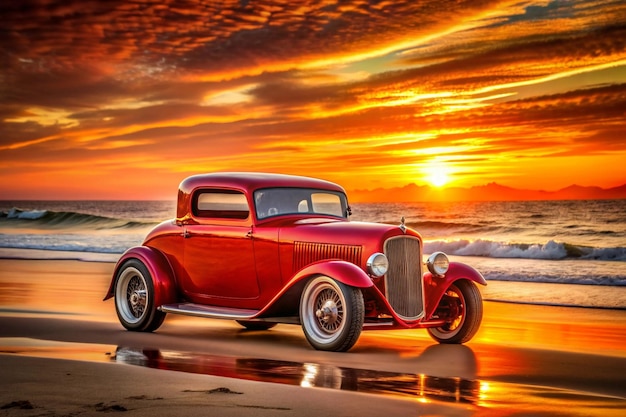 A hot rod car parked on a beach at sunset The style is reminiscent of classic car photography