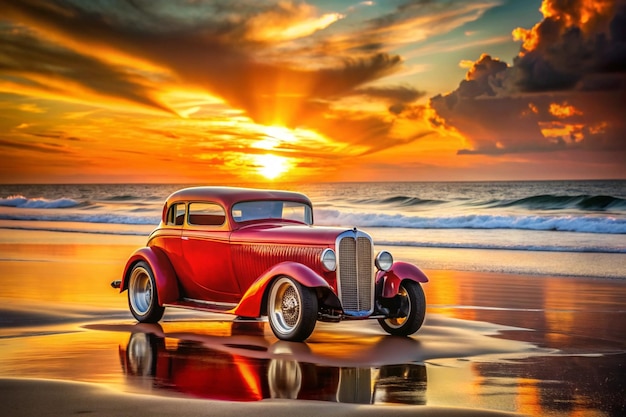 A hot rod car parked on a beach at sunset The style is reminiscent of classic car photography