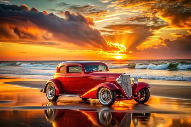 A hot rod car parked on a beach at sunset The style is reminiscent of classic car photography