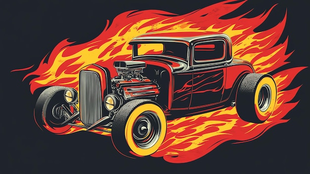 Photo hot rod car with flames in a vintage illustration style