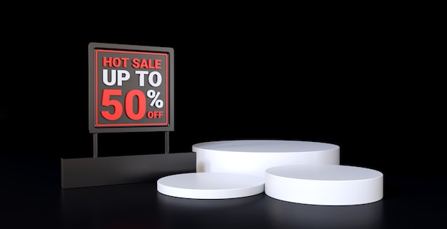 Hot sale up to fifty percent text in a  podium product sale with black background 3D render