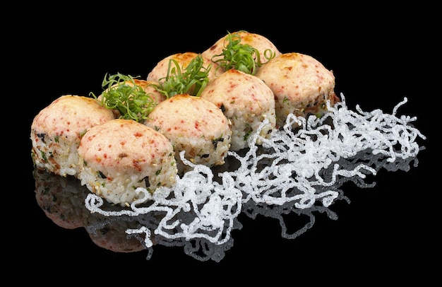 Hot sesame roll with crab and cheese on glossy black background