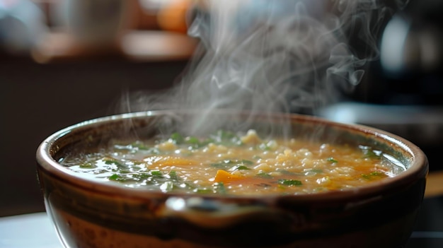 Hot Soup Bowl with Rising Steam and Sunlight