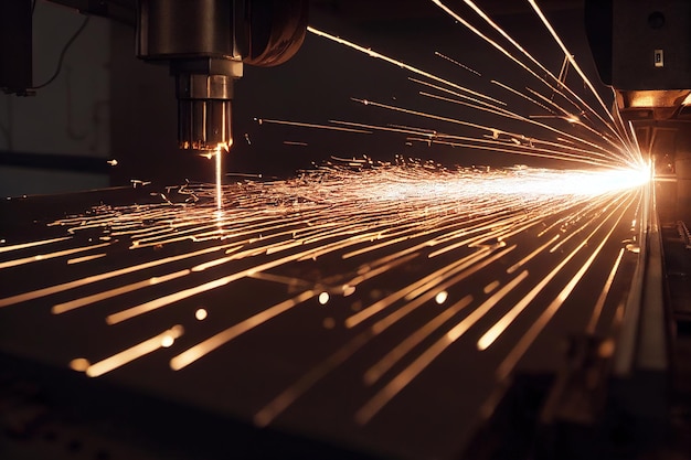 Hot sparks flying out from under machine during welding process