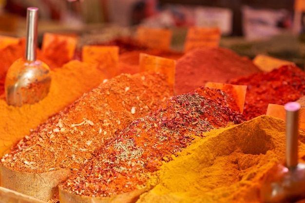 Hot spices and aromatic herbs in bazaar