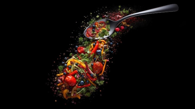 Hot spicy seasonings on a spoon on a dark background generative aii